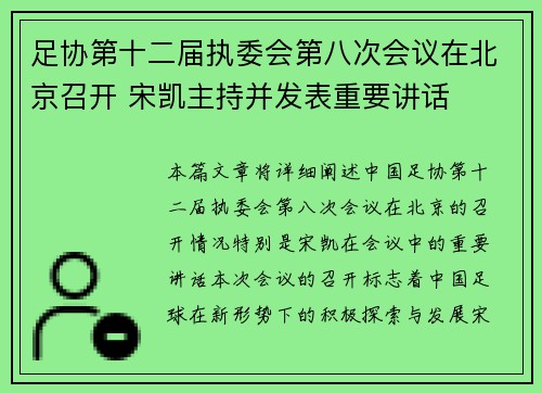 足协第十二届执委会第八次会议在北京召开 宋凯主持并发表重要讲话
